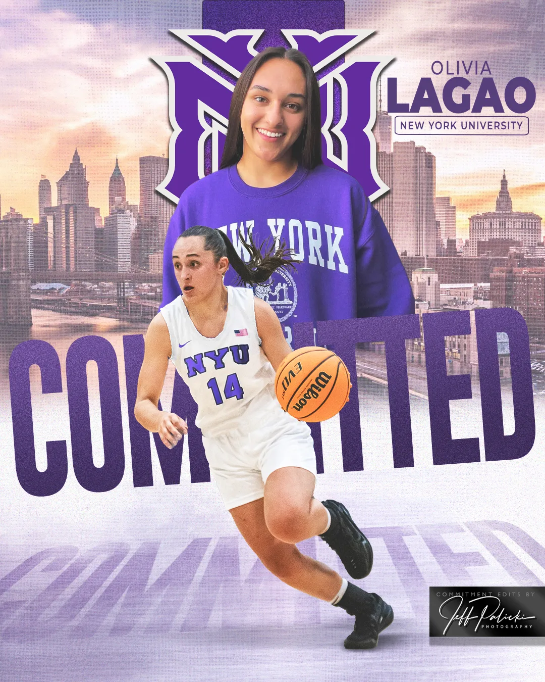 New York University basketball commitment graphic with a dribbling drive and a city skyline in purple
