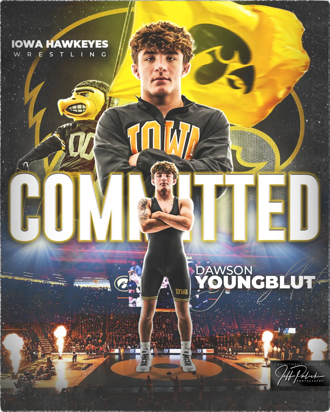 Iowa Hawkeyes wrestling commitment graphic with a posed wrestler and the team mascot in black and gold