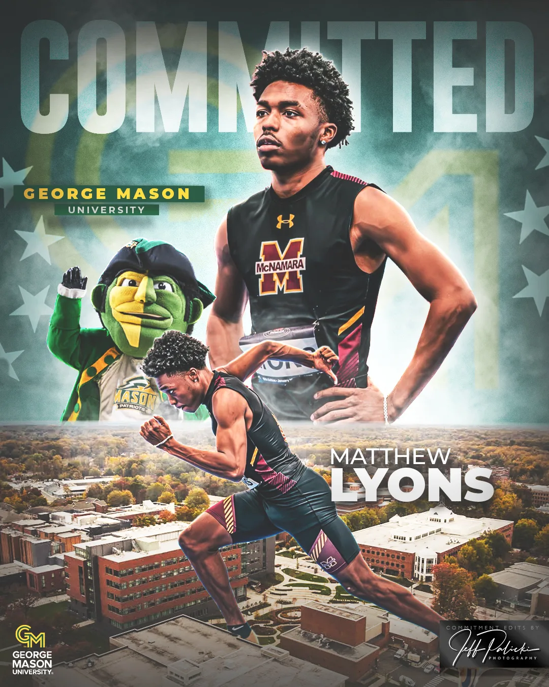 George Mason University track and field commitment graphic with a sprinting action photo and a posed portrait in maroon