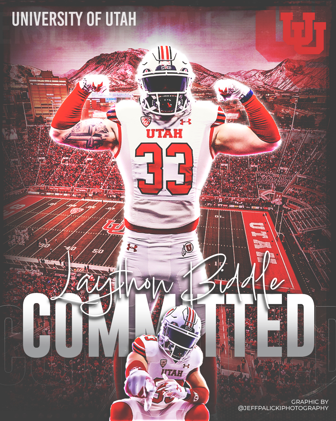 Football commitment graphic showing the athlete in accurate Utah team colors and number