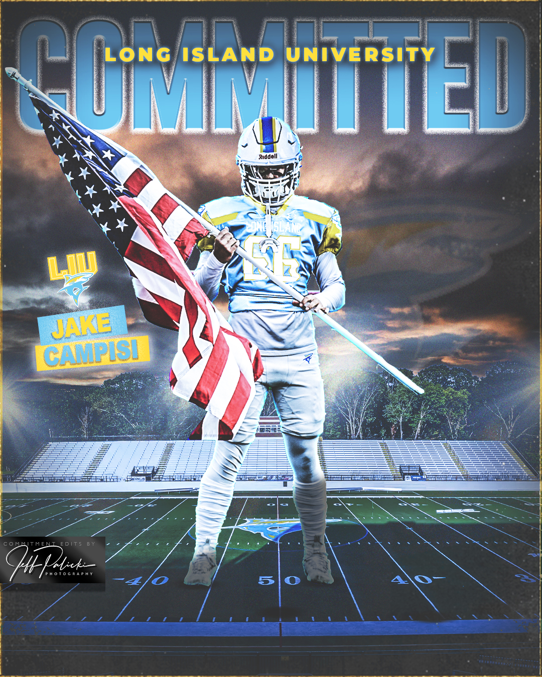 Football commitment graphic with a personal on-field moment and school branding