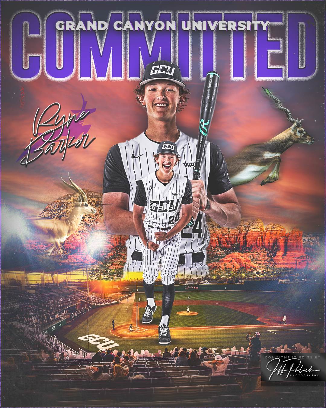 Bold, cinematic Grand Canyon University baseball commitment graphic with dramatic lighting and team colors