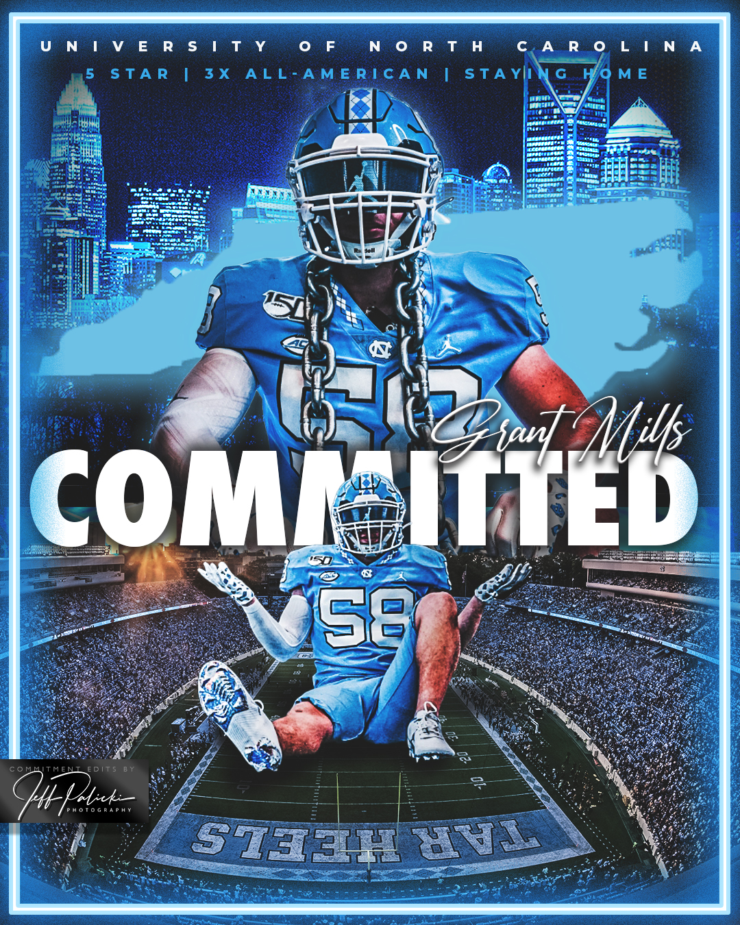 North Carolina football commitment graphic with a clean Carolina-blue composition and city skyline