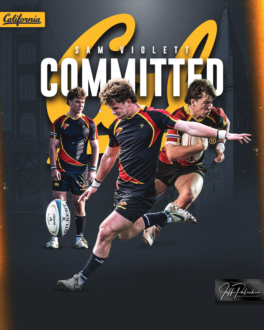 Soccer commitment graphic featuring a mid-action shot in team colors