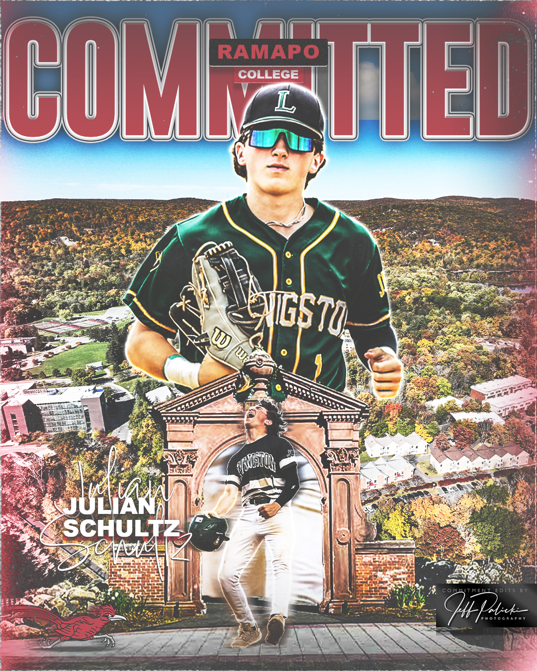 Baseball commitment graphic combining an action shot, portrait and campus background